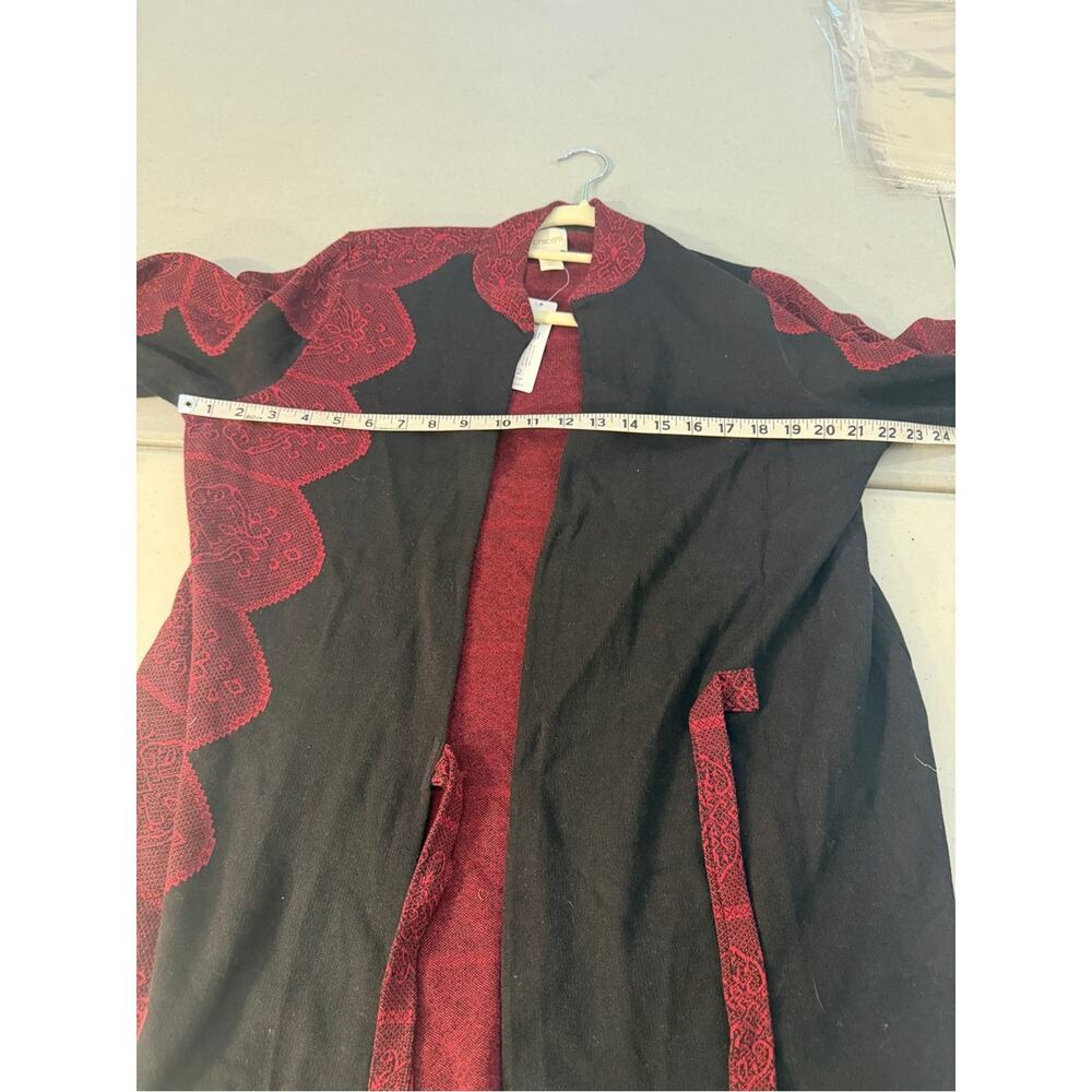 Chico's Open-Front Black Cardigan with Wine Red Patterned Accents 2 NWT - Picture 6 of 10